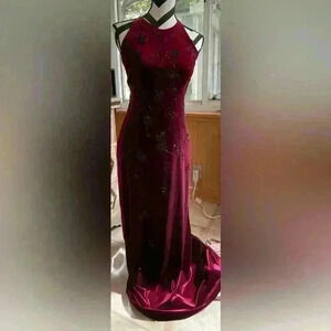 Deep maroon / black beaded Homecoming maxi dress with cross cross back; size 4